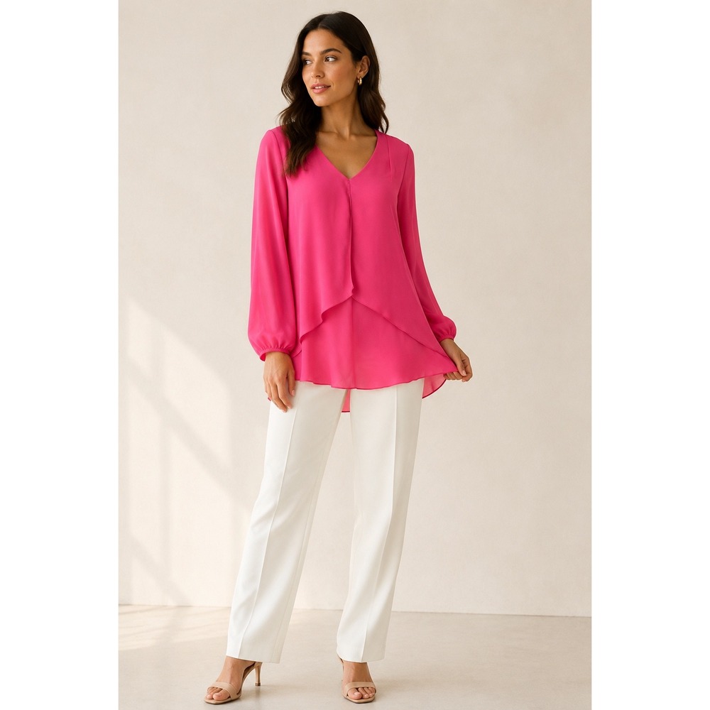 Kay Celine Blouse Women Medium Hot Pink NWT Darcy Tiered V Neck Long Sleeve Top